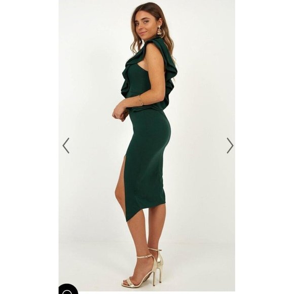 NWOT HELLO MOLLY Cocktail midi pencil dress S 10 shoulder teal  ruffle split - Picture 4 of 11